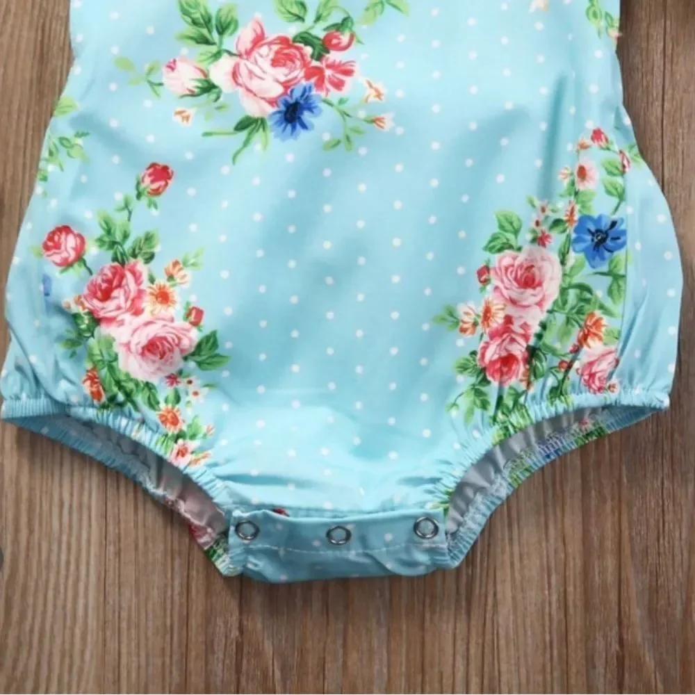 NEW SZ 0-3 month girls one piece floral baby romper w/ headband, strap w/ button